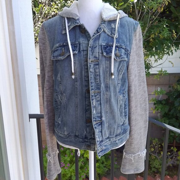 Free People Distressed Denim Gray Knit Sleeves and Hoodie Jacket Med - Picture 5 of 8